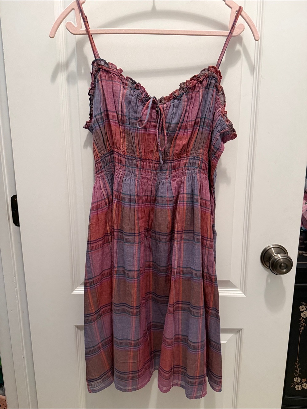 Lucky Brand Pink and Purple Plaid Smocked Midi Dress